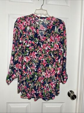 Juniper + Lime Navy Floral V-Neck Tunic with Pink & Green Blooms